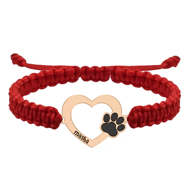 Paw Lover - Bratara personalizata snur impletit inimioara si labuta cu nume gravat din argint 925 placat cu aur roz